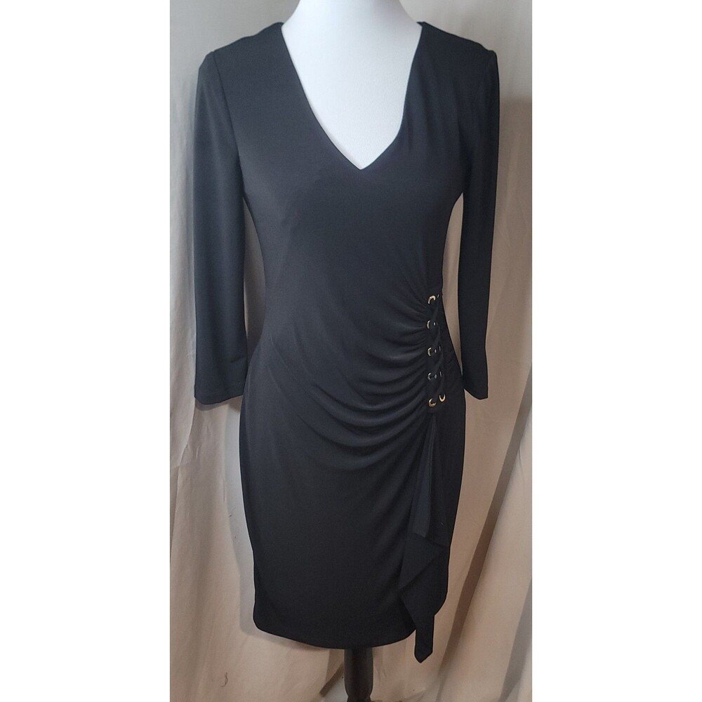 Calvin Klein Black Ruched Sheath Dress XS NWT Lace-Up Side V-Neck 3/4 Sleeve